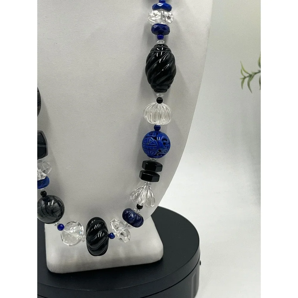 Neckings‎ by Paulette One of a Kind Chunky Carved Rock Quartz Blue Sodalite Onyx